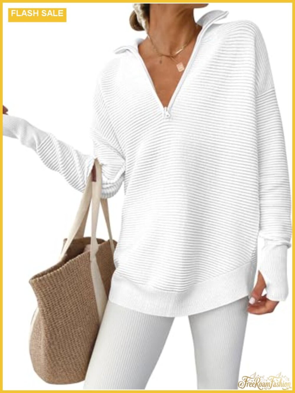Women Long Sleeve V Neck Quarter Zip Rib Knit Pullover Sweater